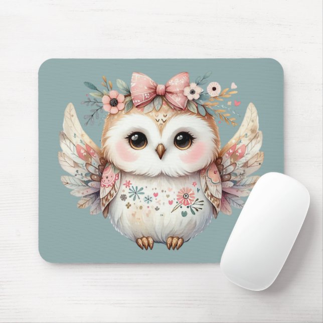 Kawaii Boho Uggla Illustration Blue Musmatta (Med mus)