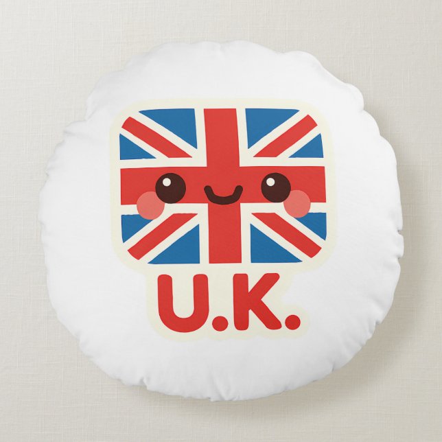 Kawaii British Flagga - Cute UK Design Rund Kudde (Framsidan)