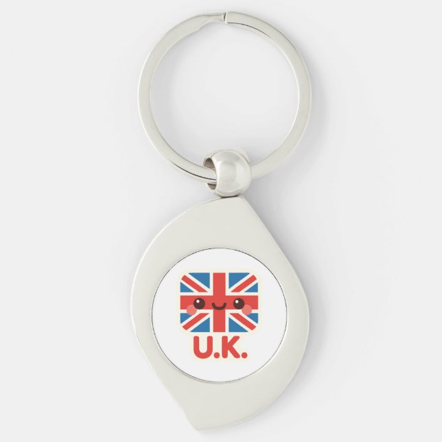Kawaii British Flagga - Cute UK Design Swirl Silverfärgad Nyckelring (Framsidan)
