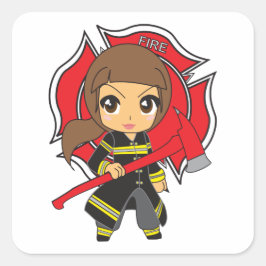 Kawaii Brunette Firefighter Girl - Fyrkantigt Klistermärke