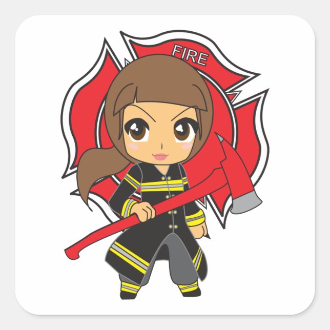 Kawaii Brunette Firefighter Girl - Fyrkantigt Klistermärke (Framsida)