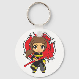 Kawaii Brunette Firefighter Girl Nyckelring