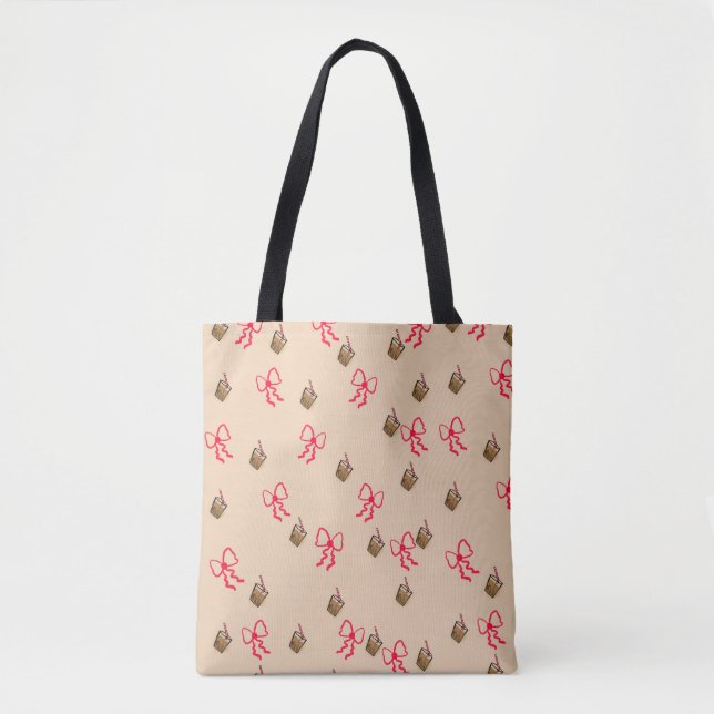 Kawaii Bubble Tea & Bow Mönster Tote Bag - Cute Ae Tygkasse (Framsida)