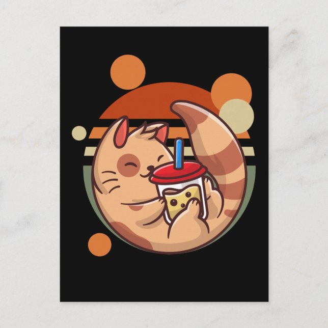 Kawaii Bubble Tea Cat Retro Kattunge Vykort (Framsida)