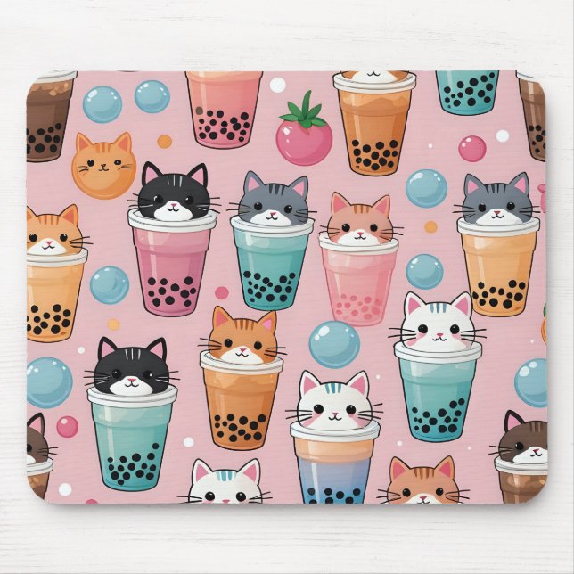 Kawaii Bubble Tea Cats Seamless Mönster Musmatta (Framsidan)