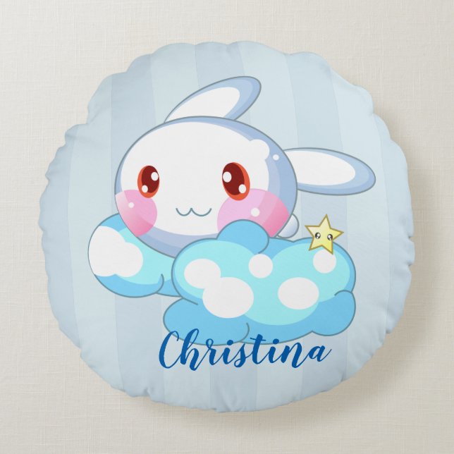 Kawaii Bunny, Cloud & Star Anpassningsbar Rund Kudde (Framsidan)