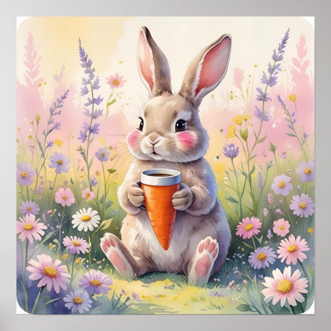 Kawaii Bunny Mugg - Watercolor Flower Fält Skriv u Poster (Framsidan)