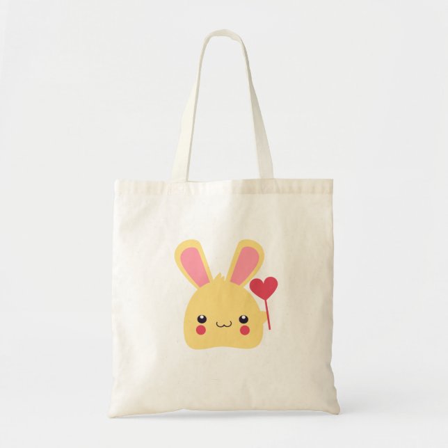 Kawaii Bunny Rabbit Ansikte med Heart på en Stick Tygkasse (Framsidan)
