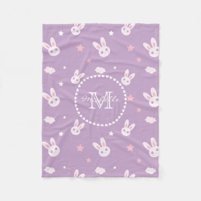 Kawaii Bunny Rabbit Pastel Lila Mönster Monogram Fleecefilt (Framsidan)