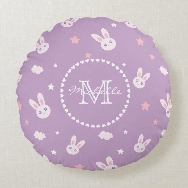 Kawaii Bunny Rabbit Pastel Lila Mönster Monogram Rund Kudde (Framsidan)