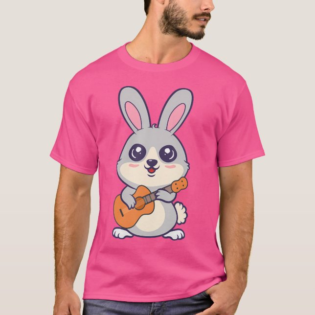 Kawaii Bunny Rabbits spelar akustisk Guitar Carto T Shirt (Framsida)