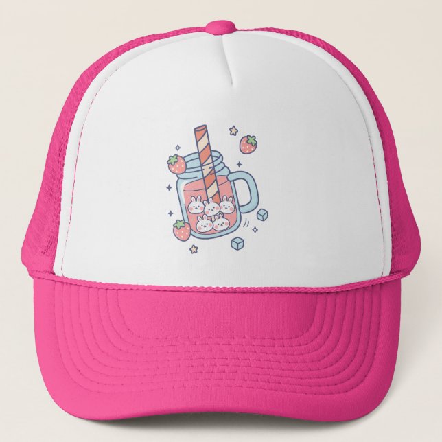 Kawaii Bunny Strawberry Drink Keps (Framsida)
