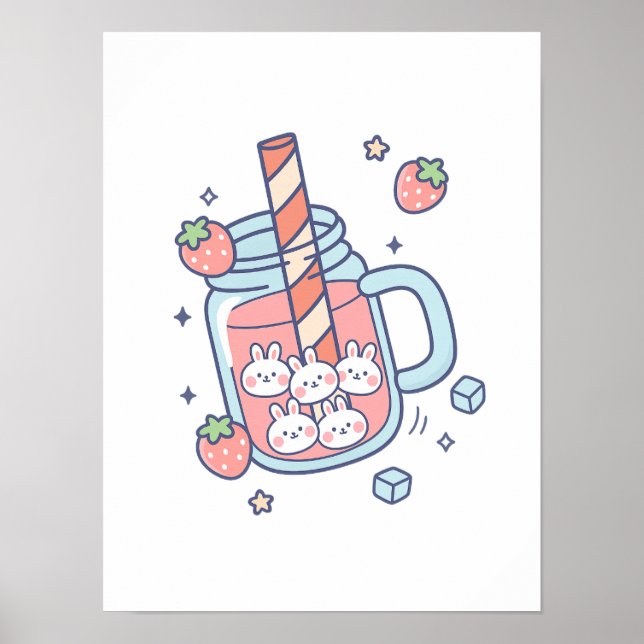 Kawaii Bunny Strawberry Drink Poster (Framsidan)