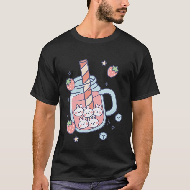 Kawaii Bunny Strawberry Drink T Shirt (Framsida)