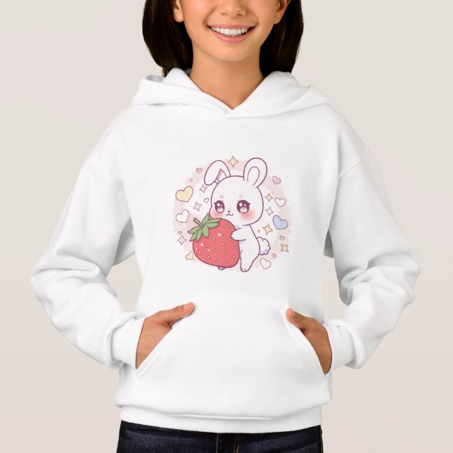 Kawaii Bunny with Strawberry – Cute Pastel Hoodie T Shirt (Framsida)