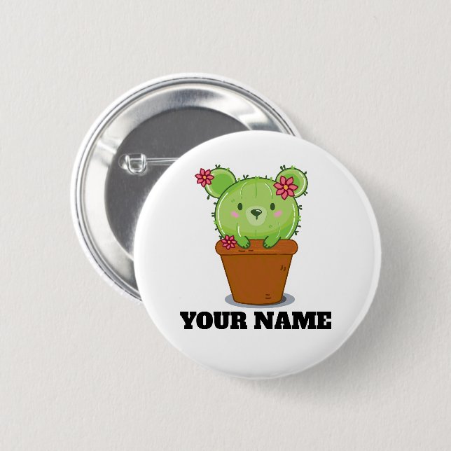 Kawaii Cactus Bear in Flower Pot Button Badge Knapp (Framsida & baksida)
