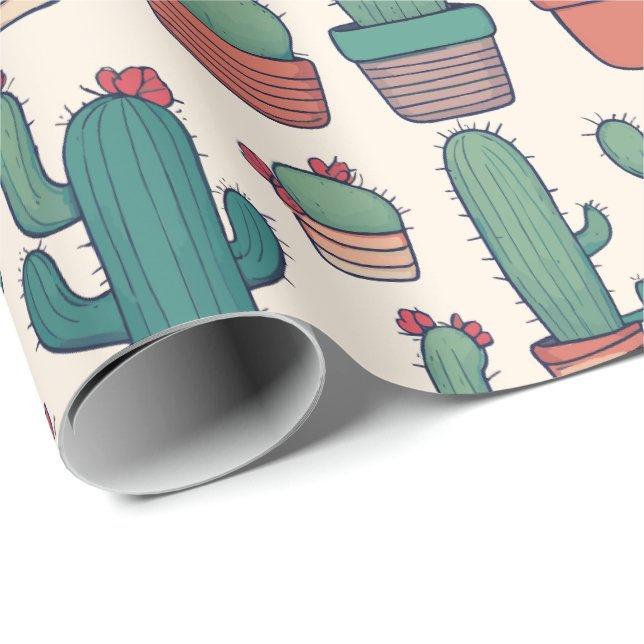 Kawaii Cactus Mönster Design Presentpapper (Rullad Hörn)