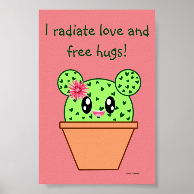 Kawaii Cactus Teckning Free Hugs Rosa Poster (Framsidan)