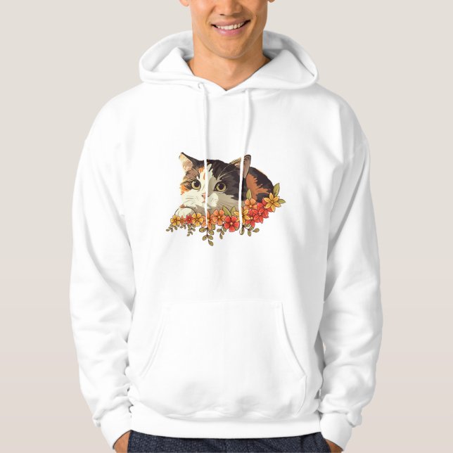 Kawaii Calico Cat Floral Peeking Art Hoodie (Framsida)