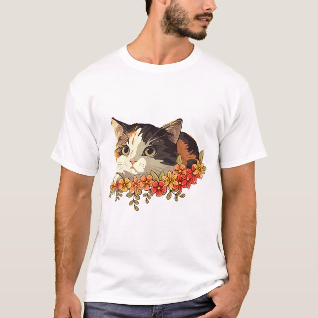 Kawaii Calico Cat Floral Peeking Art T Shirt (Framsida)