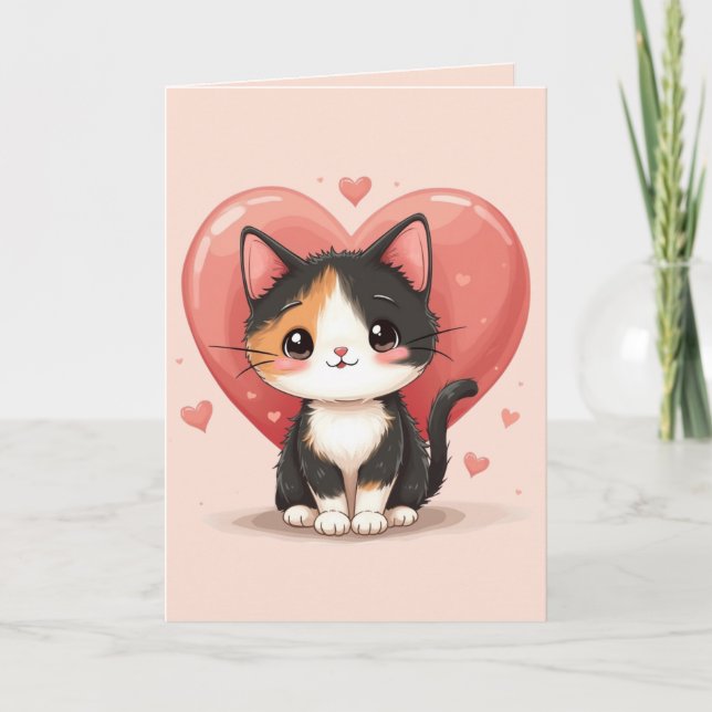 Kawaii Calico Cat Heart Valentine Design Tack Kort (Framsida)