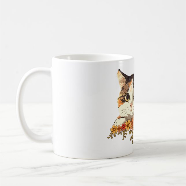 Kawaii Calico Katt Blommig Tittar Fram Konst Kaffemugg (Vänster)