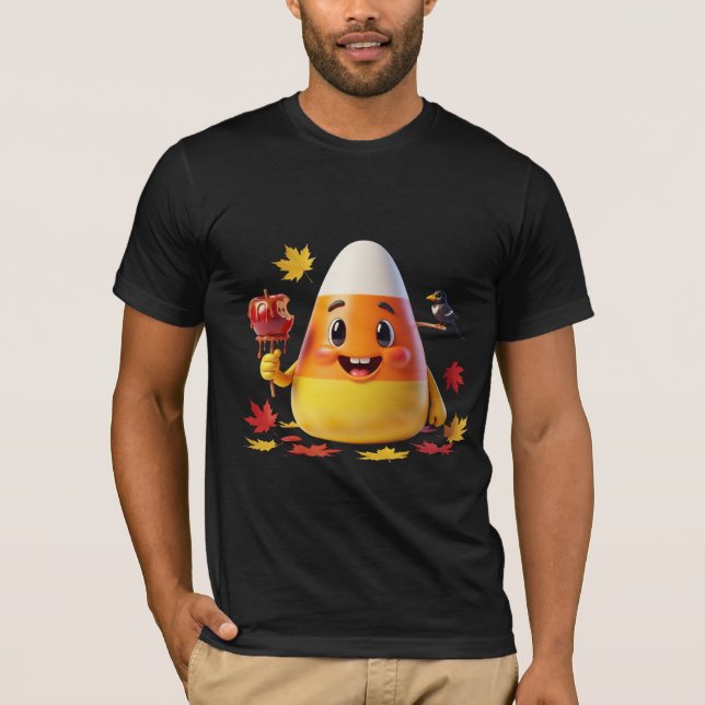 Kawaii Candy Corn med Karamelläpple och Höst Löv T Shirt (Framsida)