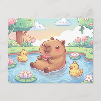 Kawaii capy in a pond vykort