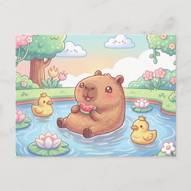 Kawaii capy in a pond vykort (Framsida)