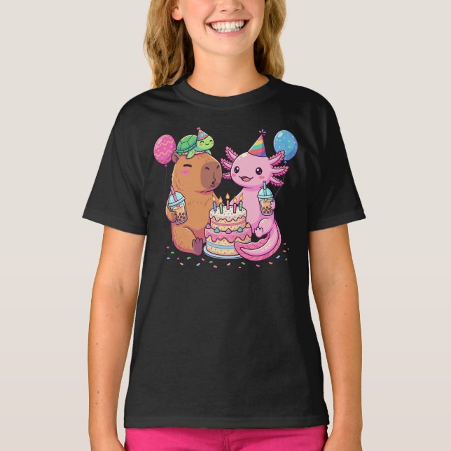 Kawaii Capybara and Axolotl Birthday Party T Shirt (Framsida)