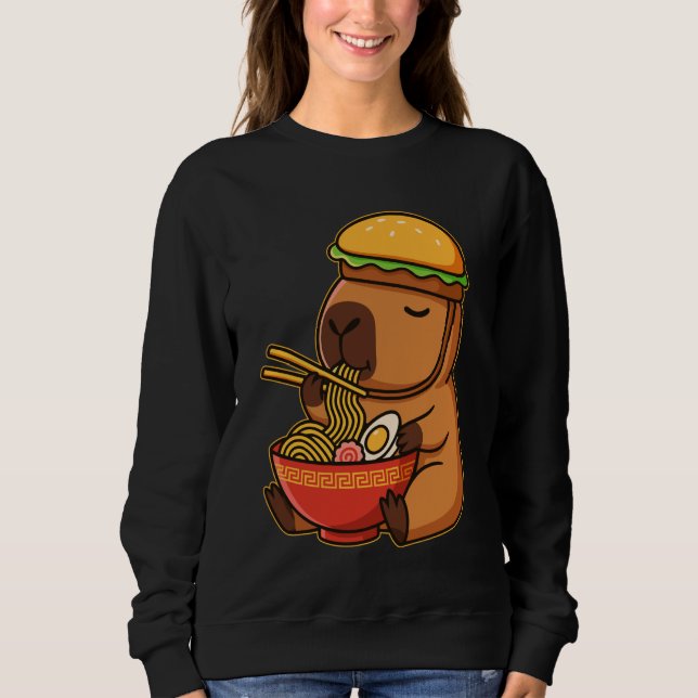 Kawaii Capybara with Burger Hat Eating Japanese Ra T Shirt (Framsida)