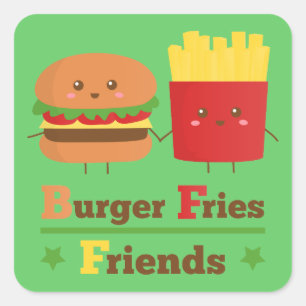 Kawaii Cartoon Burger Pommes Frites Vänner BFF Fyrkantigt Klistermärke