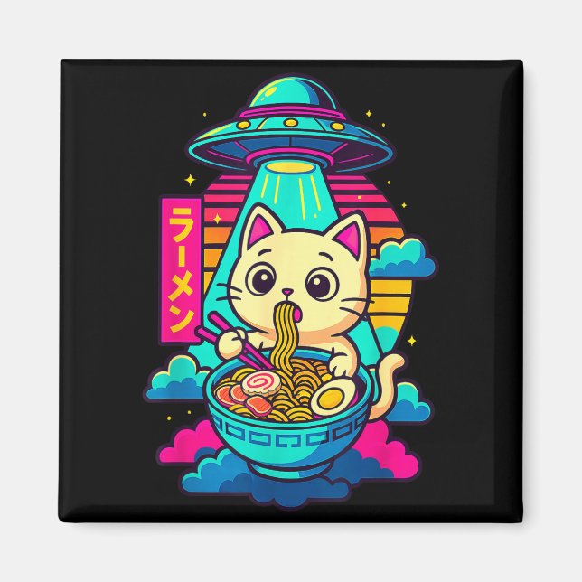 Kawaii Cat Alien Ufo Ramen Graphic Tee Funny Japan Magnet (Framsidan)