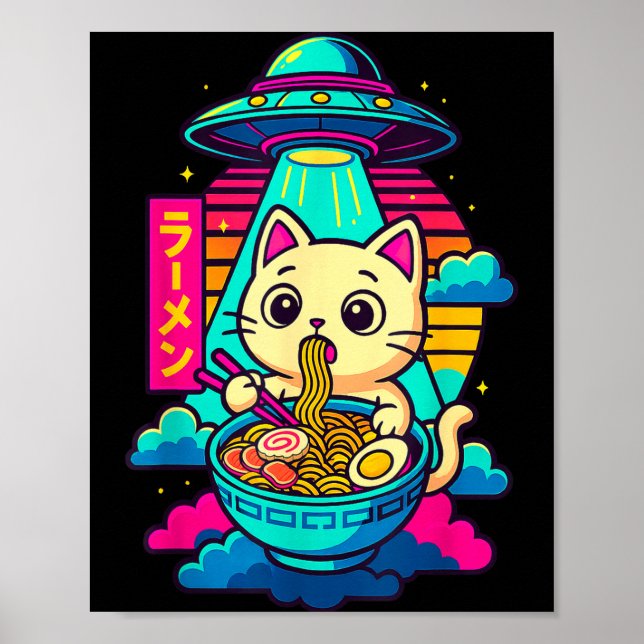 Kawaii Cat Alien Ufo Ramen Graphic Tee Funny Japan Poster (Framsidan)