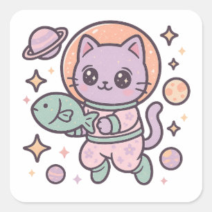 Kawaii Cat Astronaut Space Sticker Fyrkantigt Klistermärke