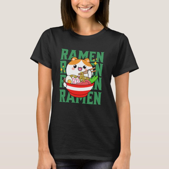 Kawaii Cat ätande Ramen T Shirt (Framsida)