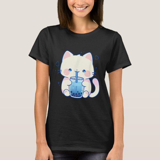Kawaii Cat Boba Japanese Cute Aesthetic Anime Girl T Shirt (Framsida)