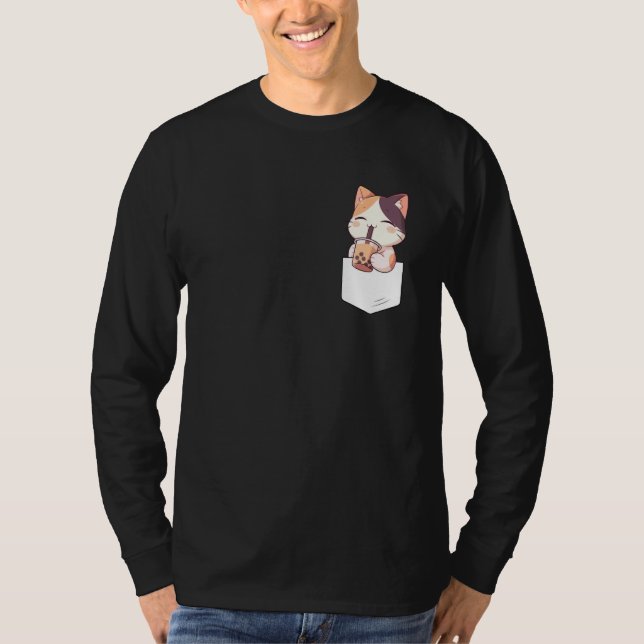 Kawaii Cat Boba Pocket Japanese cute aesthetic Ani T Shirt (Framsida)