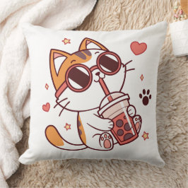 Kawaii Cat Boba Tea Dekorativ kudde - Hearts & Sta