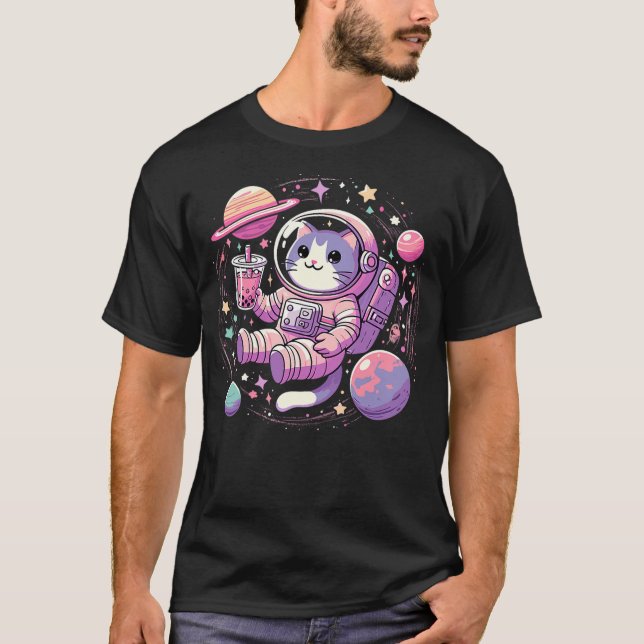 Kawaii Cat Bubble Boba Tea In Space Astronaut T Shirt (Framsida)