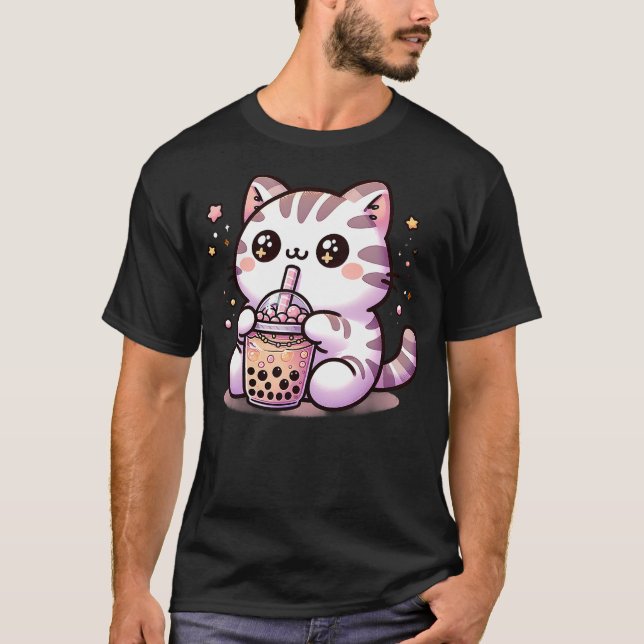 Kawaii Cat Bubble Tea Boba Tea Anime Neko T Shirt (Framsida)