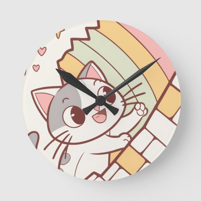Kawaii Cat Bursting Wall clock cute  Rund Klocka (Framsida)