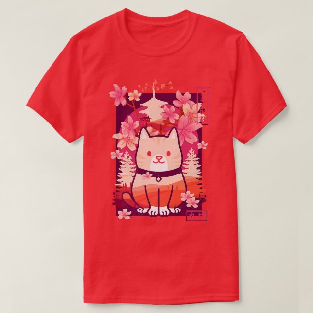 Kawaii Cat Cherry Blommar Anime Kitten Sakura T Shirt (Design framsida)