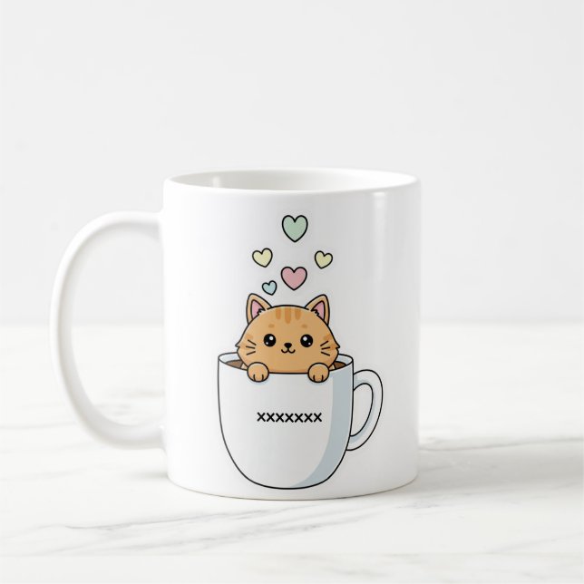 Kawaii Cat & Coffee Hearts Illustration Kaffemugg (Vänster)