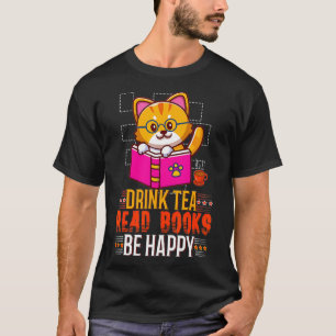 Kawaii Cat Drink Tea Read Bokar Lycklig Bok T Shirt