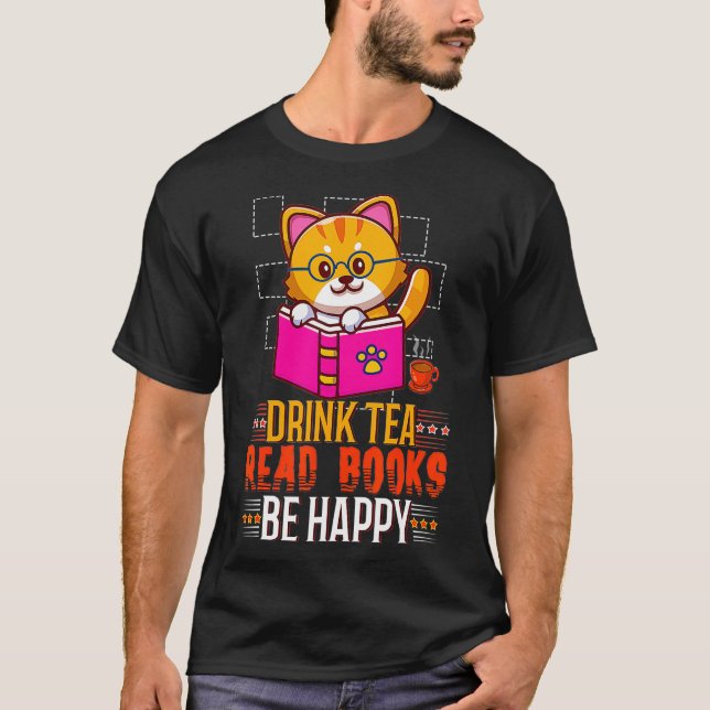 Kawaii Cat Drink Tea Read Bokar Lycklig Bok T Shirt (Framsida)