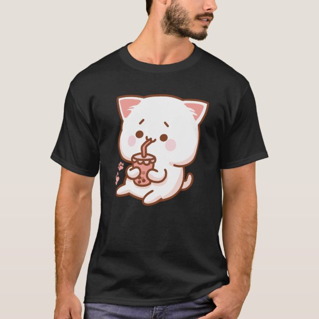 Kawaii Cat Drinking Boba Tea T Shirt (Framsida)