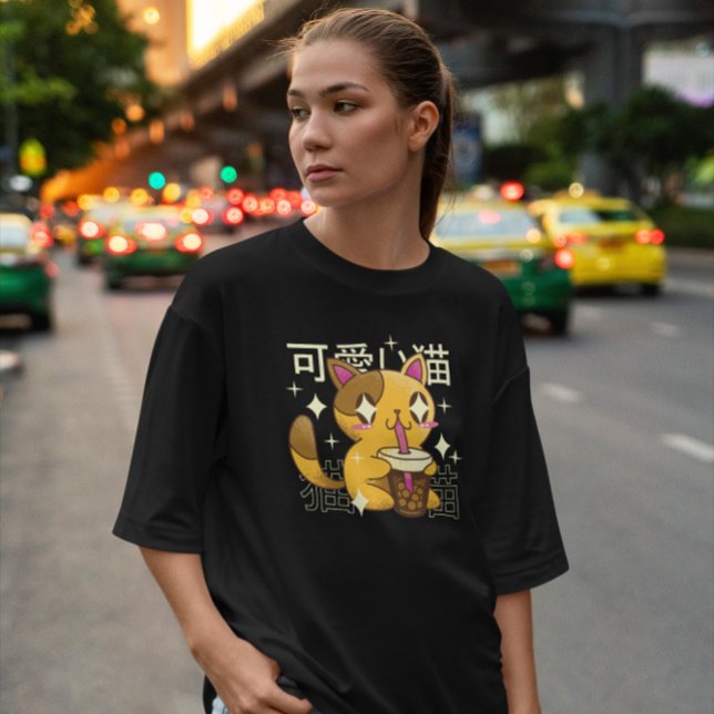 Kawaii Cat Drinking Bubble Tea T Shirt (Skapare uppladdad)