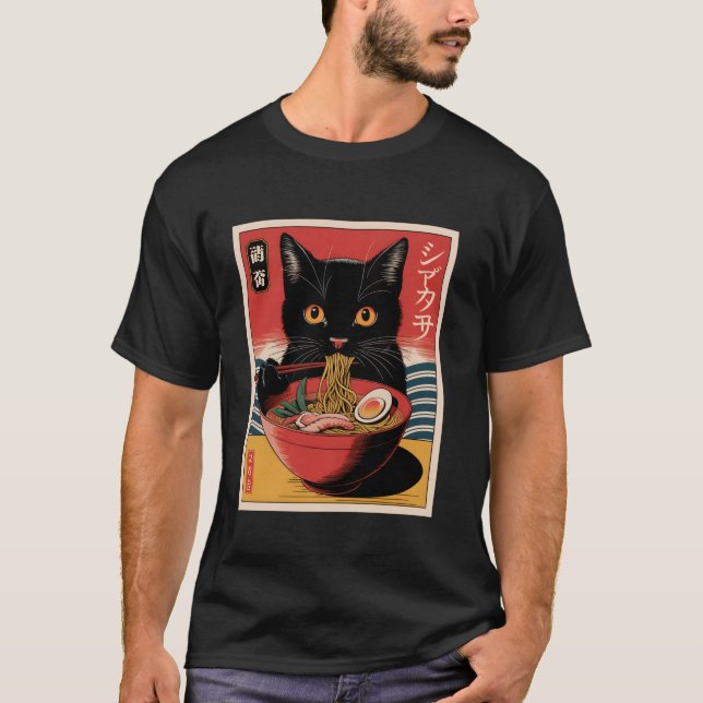 Kawaii Cat Eating Ramen Cute Japansk noodles Funn T Shirt (Framsida)