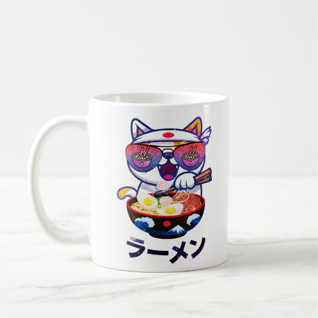 Kawaii Cat Eating Ramen - Cute Japanska Noodles Kaffemugg (Vänster)